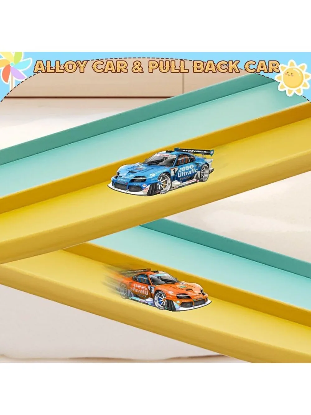 Flexible Race Car Track Set 15 Ft for Kids, Suction Cup Ramp, Compatible with